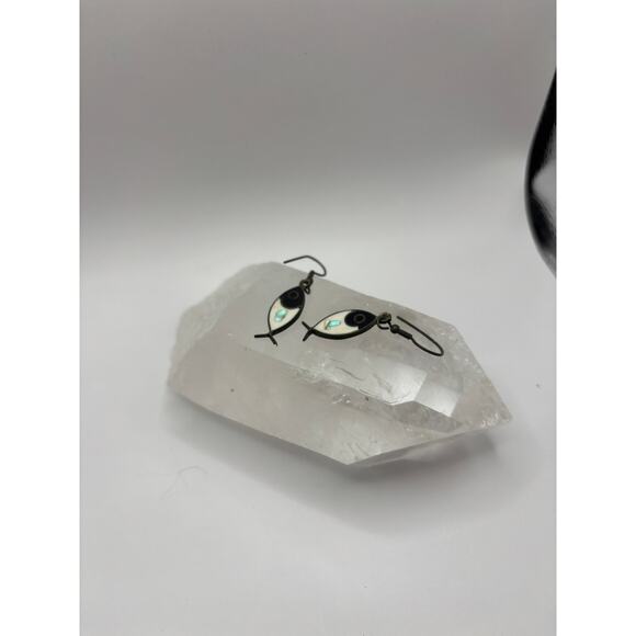 Inlay Fish Dangle Earrings - Enamel and Mother of Pearl - Picture 4 of 5